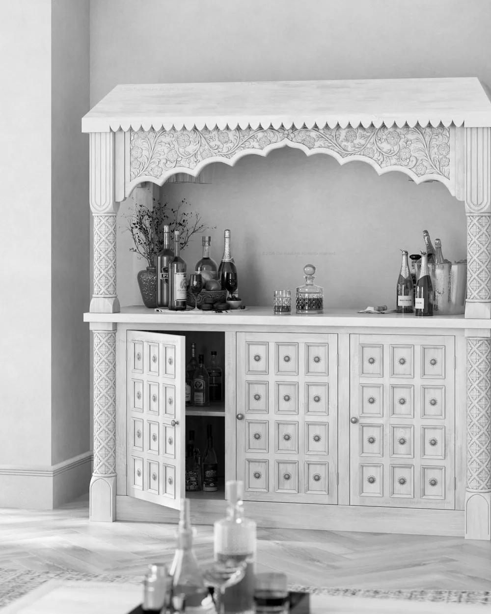 Hand-carved Monterey bar cabinet